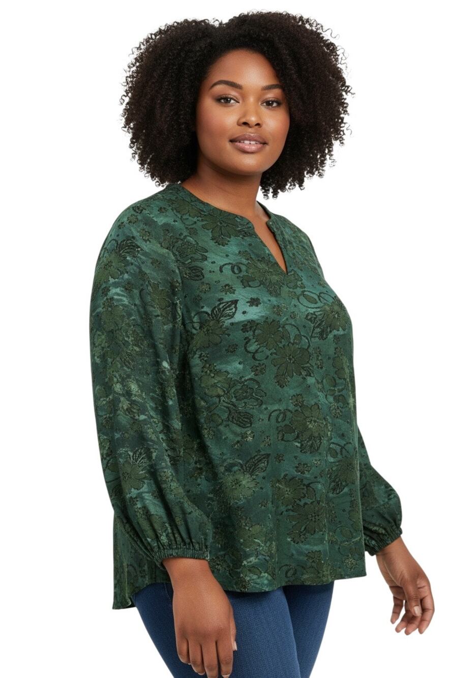 Calessa Dark Green Floral Tie Dye Blouse Size 2X